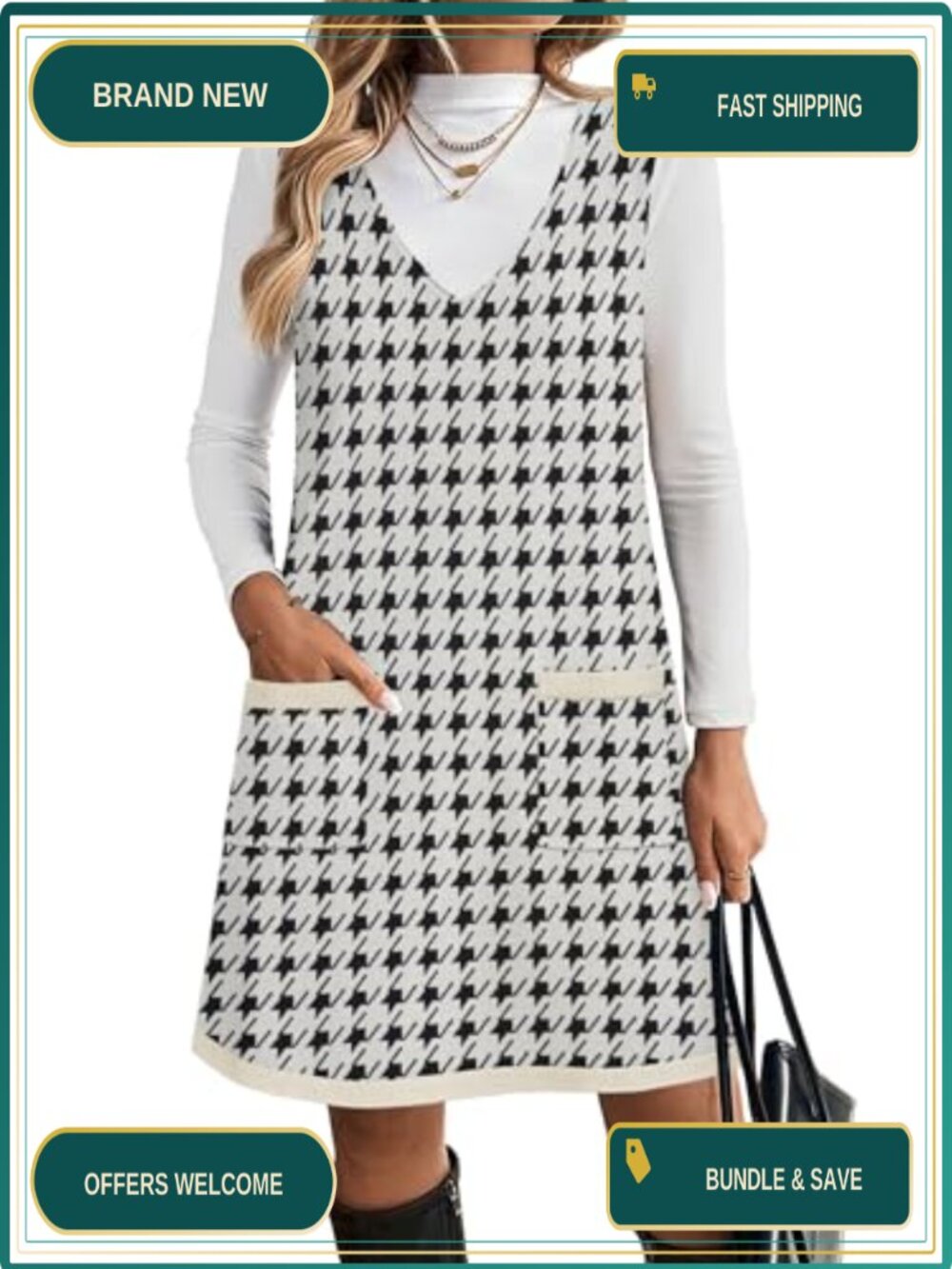 Sleeveless V-Neck Knit Sweater Dress with Pockets A-Line Fall Winter